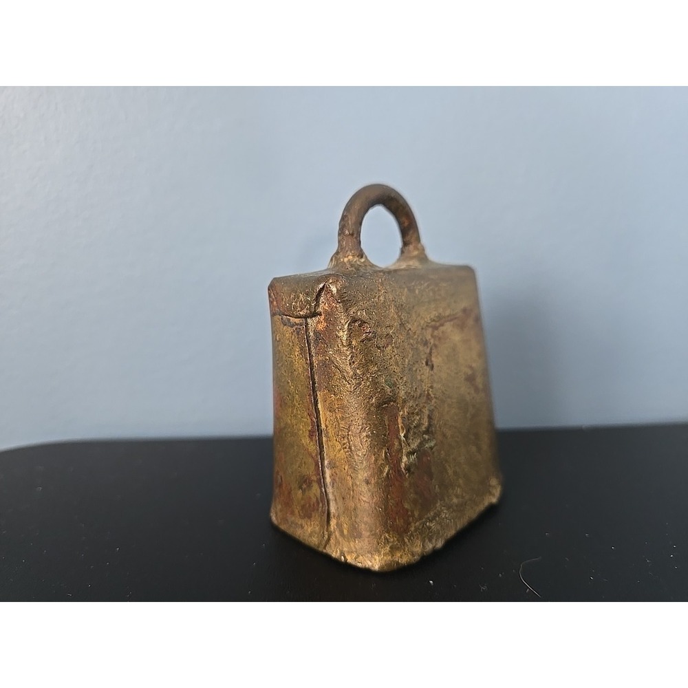 Vintage Brass Cow Bell, Rustic Handcrafted, Fold‎ Over Rivets, 3" Tall - Picture 2 of 10